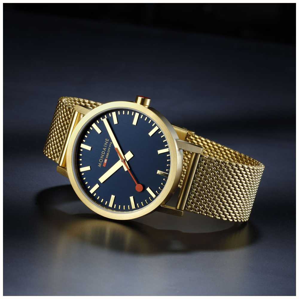 Mondaine Classic 40mm Blue Dial Ip Gold Mesh Bracelet A6603036040sbm First Class Watches™