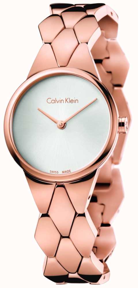 Calvin Klein Women's Snake Rose Gold Bracelet Silver Dial K6E23646 - First Watches™