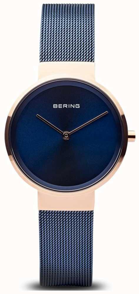 Bering Women's Classic Blue Dial Rose Gold Case Blue IP Plated Mesh ...