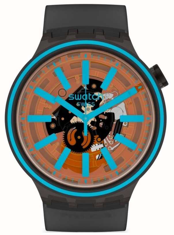 Swatch FIRE TASTE | Black Rubber Strap | Orange/Blue Dial SO27B112 ...