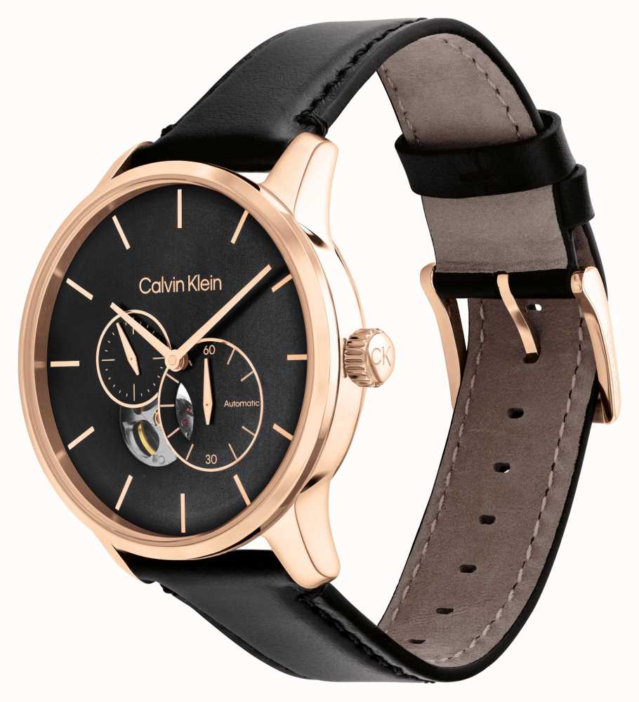 Calvin Klein Men's Automatic Black And Rose Gold Watch Leather Strap ...